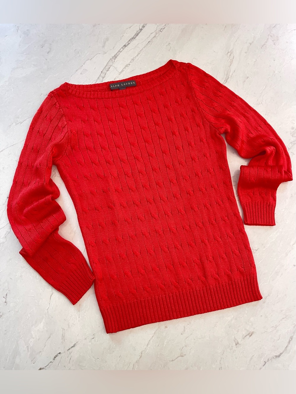 RALPH LAUREN Bright Coral/Red Silk Cable-Knit Boat Neck Long-Sleeve Sweater, Med